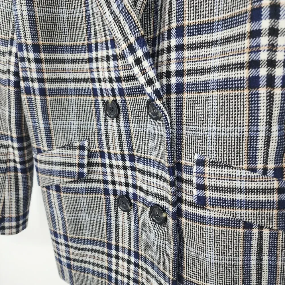 Ikks‎ Women's Plaid Double-Breasted Blazer Wool Size XS Oversized